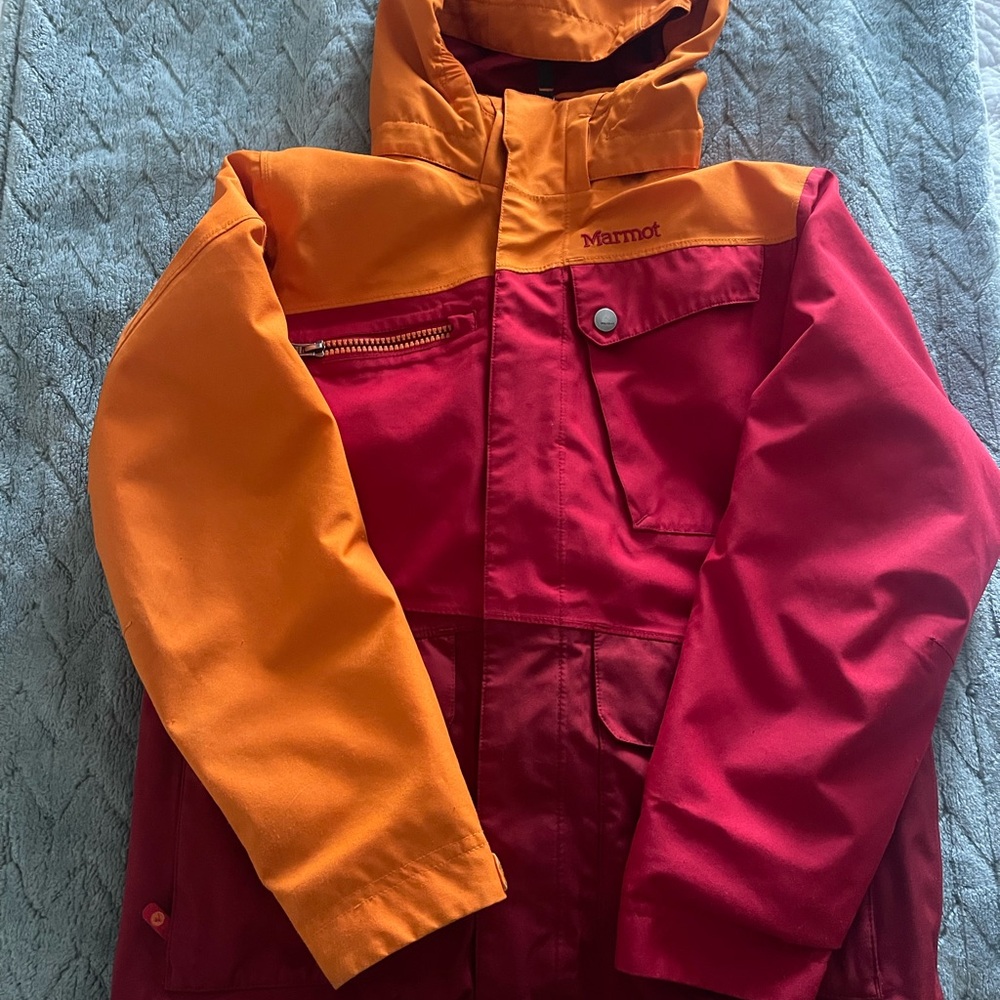 Marmot Kids' Vibrant Red and Orange Coat w/ detachable hood.